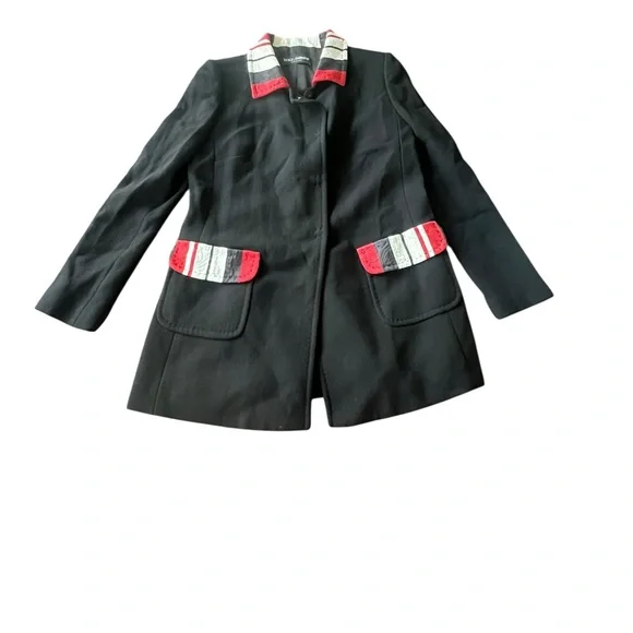 Dolce & Gabbana Black Wool Crepe Contrast Trim Detail Button Front Coat Size 46 - Picture 2 of 16